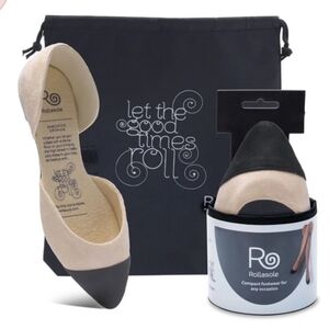 ROLLASOLE Foldable Shoes Medium Size 7.5-8.5 Cream/Black Faux Suede NWT